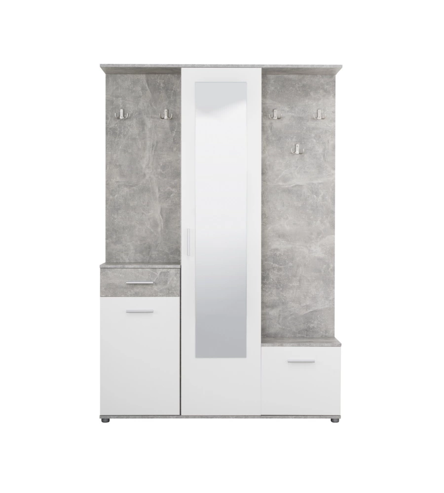 MOBILE DA INGRESSO "BARCELLONA" CON SPECCHIO, CASSETTI E APPENDIABITI BIANCO E CEMENTO, 133X33X197 CM